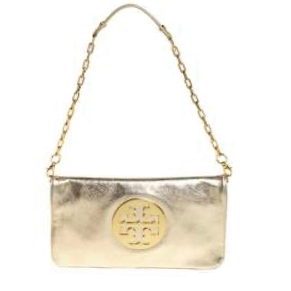SOLD!!Tory Burch Metallic Gold Leather Reva Chain Shoulder Bag / Clutch w/ COA - Picture 3 of 16